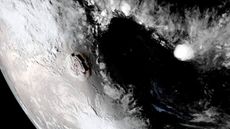 NOAA's GOES West satellite captured this stunning view of an explosive eruption of the Hunga Tonga-Hunga Ha'apai volcano, located in the South Pacific Kingdom of Tonga, on Jan. 15, 2022.