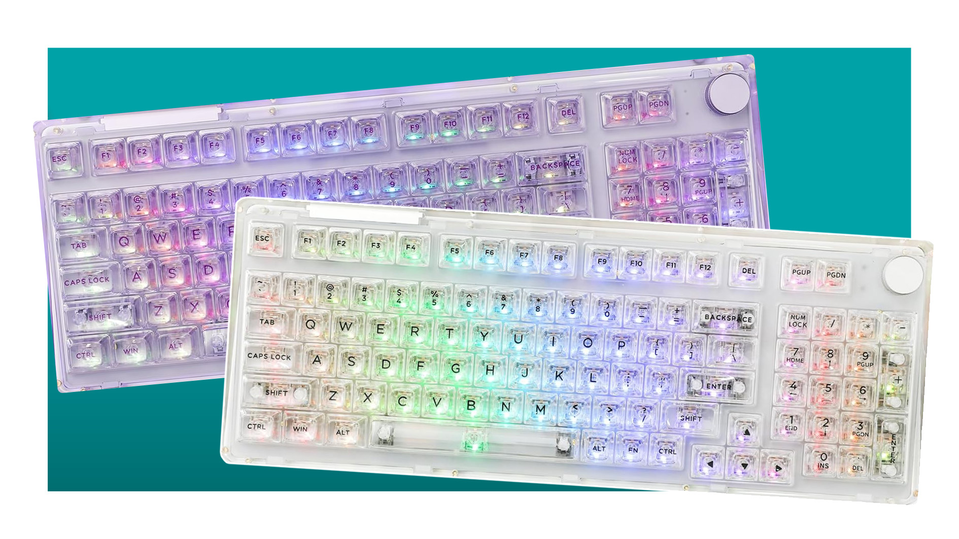 A clear purple (top left) and clear white (bottom right) keyboard from KiiBoom. They&#039;re full boards with numpads on the right and a knob in the top corner above to turn for volume controls. 
