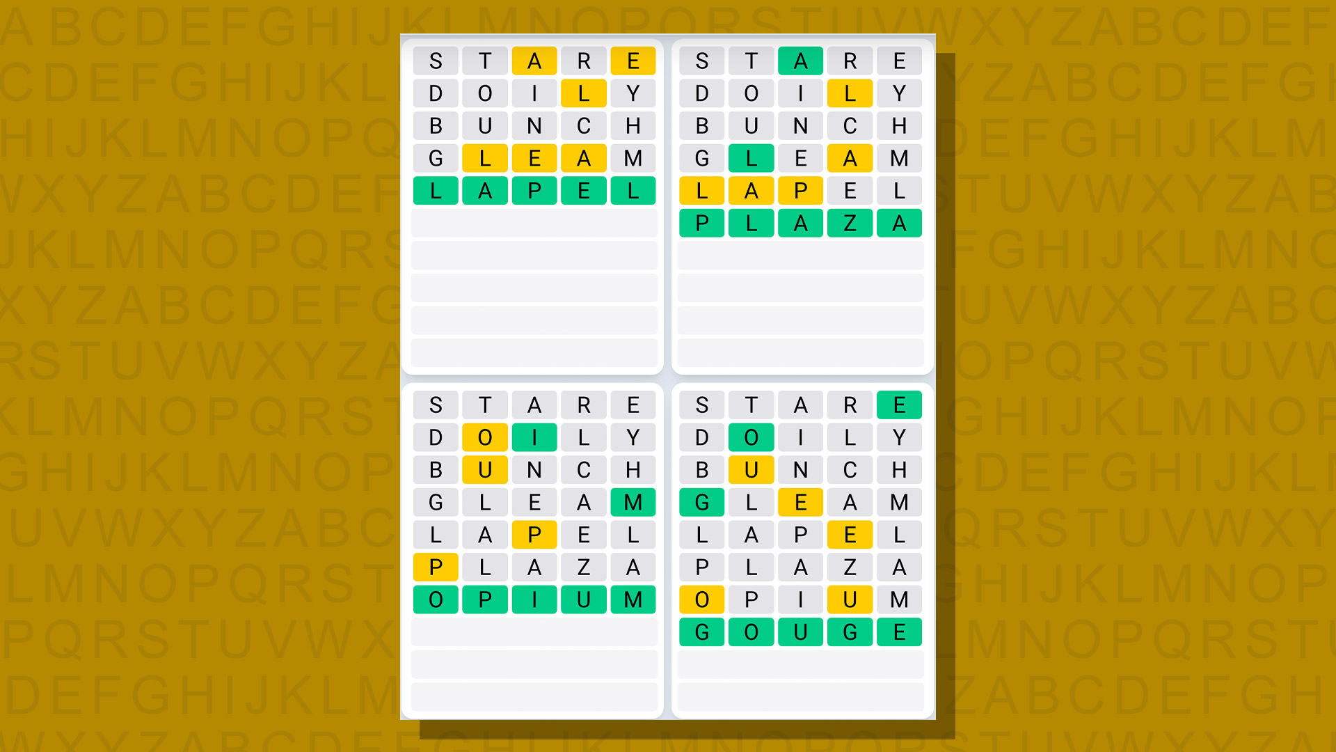Quordle daily sequence answers for game 688 on a yellow background