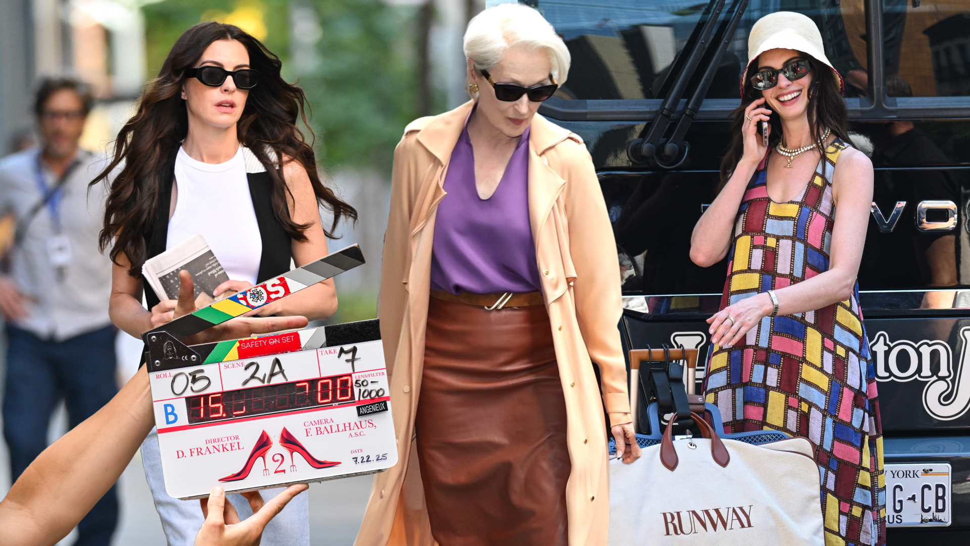 a collage of Anne Hathaway and Meryl Streep on the set of 'The Devil Wears Prada 2'