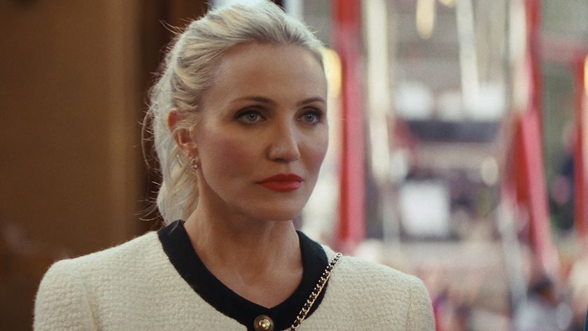 Cameron Diaz in a cream blazer looking fly in Back in Action on Netflix.