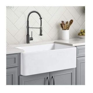 white fireclay kitchen sink farmhouse style and grey cabinets