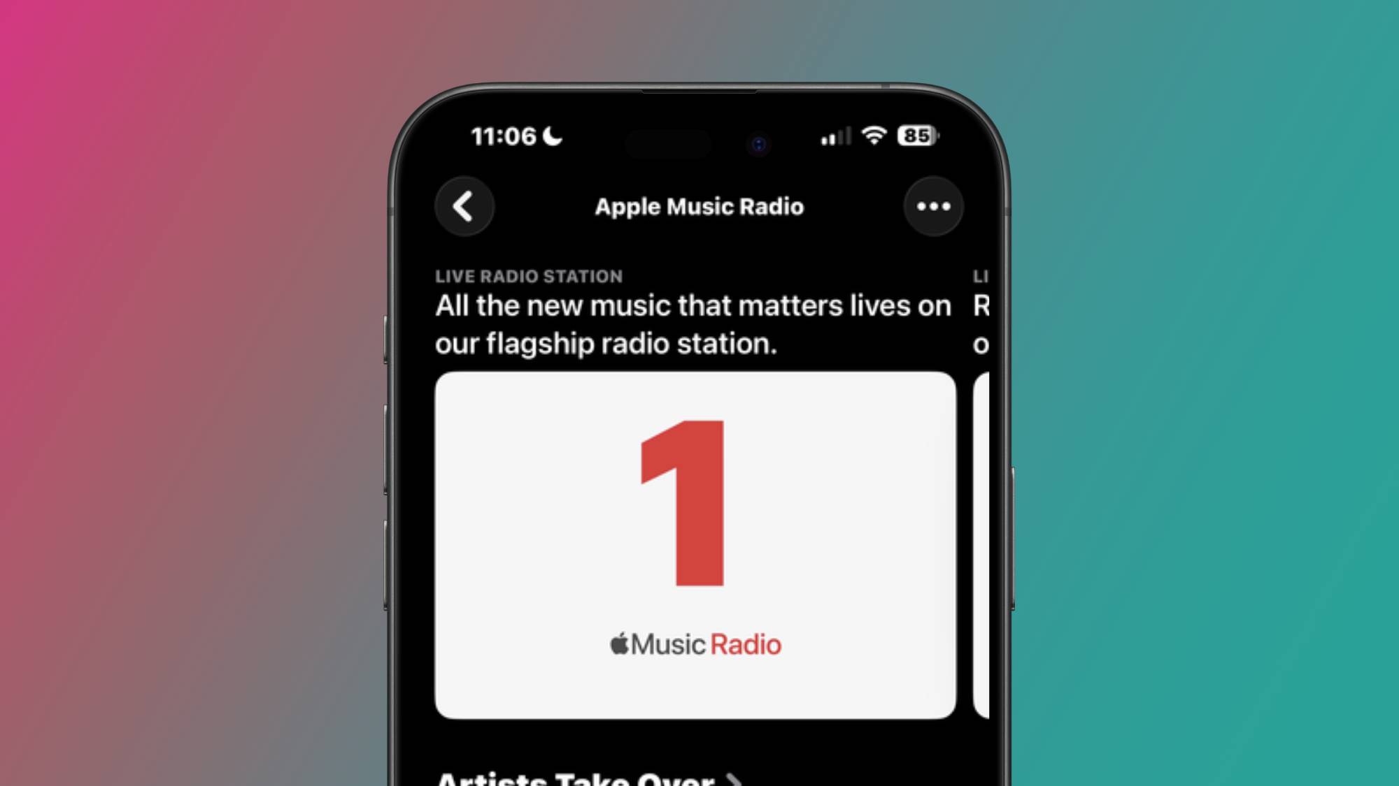 A screenshot of Apple Music 1 radio station in the Apple Music app
