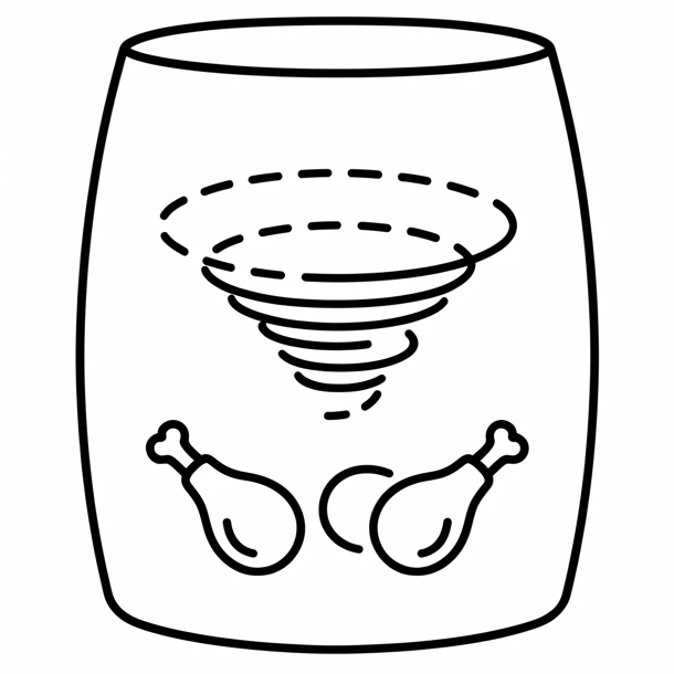A black-and-white outline of a cutaway airfryer that has food cooking inside