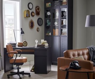 An orange office chair in a traditional home office