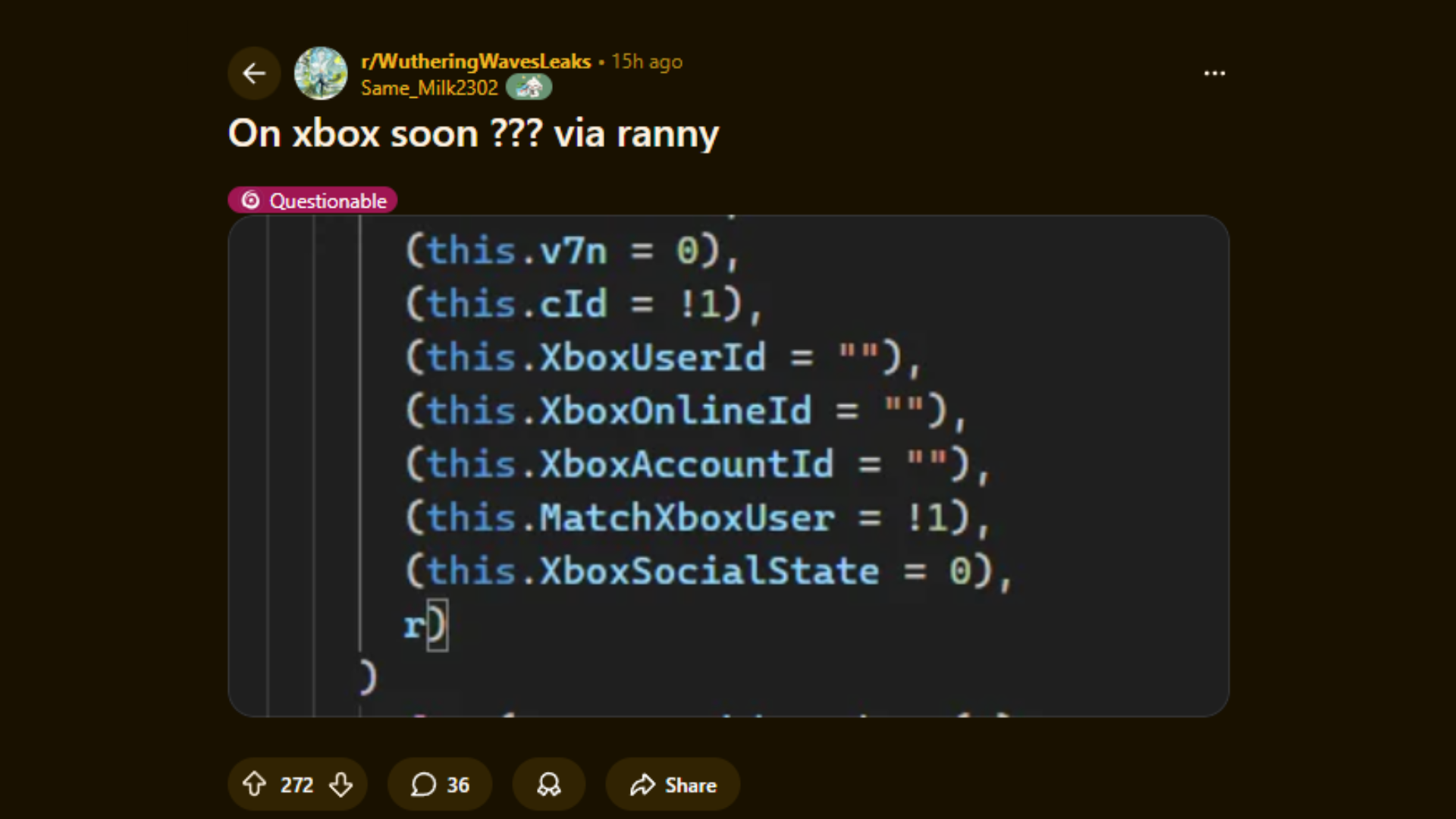 Screenshot of Wuthering Waves subreddit of supposed leak
