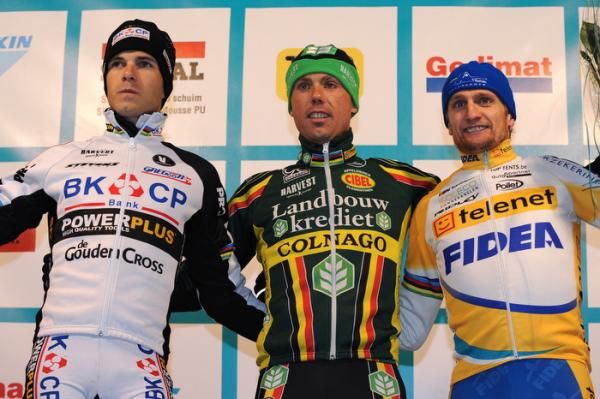 Jaarmarktcross podium (l-r): Niels Albert (BKCP - Powerplus), Sven Nys (Landbouwkrediet) and Bart Wellens (Telenet - Fidea)