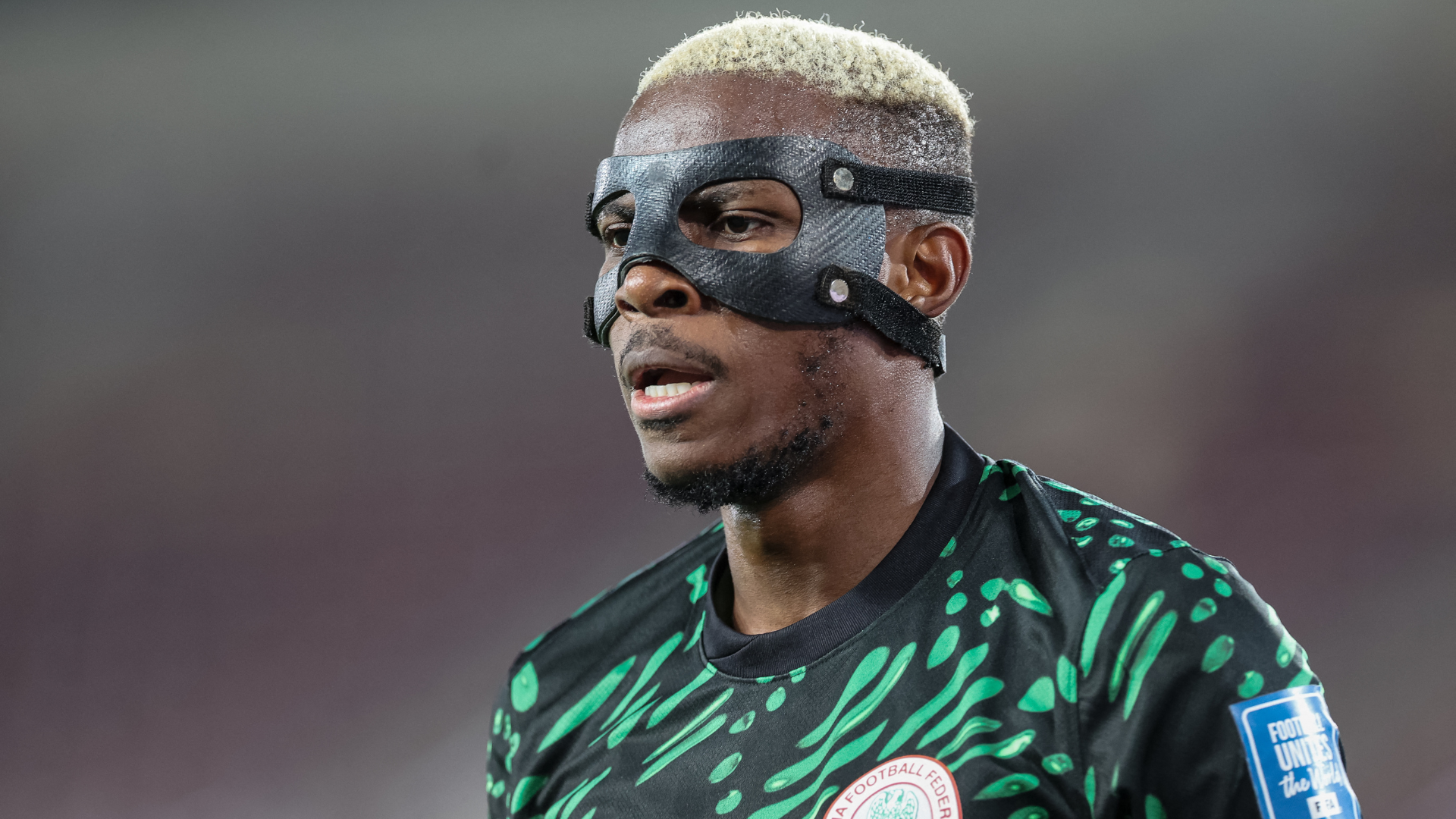 Nigeria's forward #9 Victor Osimhen reacts during the FIFA World Cup 2026 Africa qualifiers group C match between Lesotho and Nigeria at the Peter Mokaba Stadium in Polokwane on October 10, 2025.