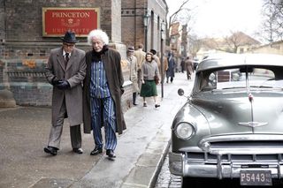 Albert Einstein (Geoffrey Rush) takes a stroll through Princeton with Niels Bohr (David Dencik) in National Geographic's "Genius."
