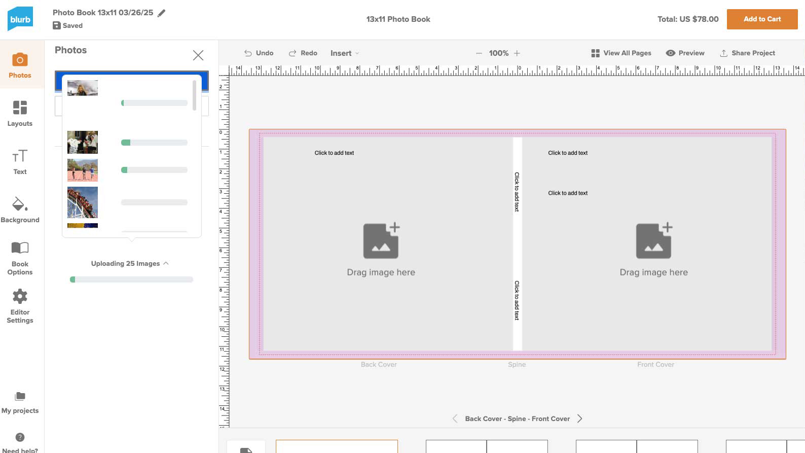 A screenshot of the Blurb photo book website interface