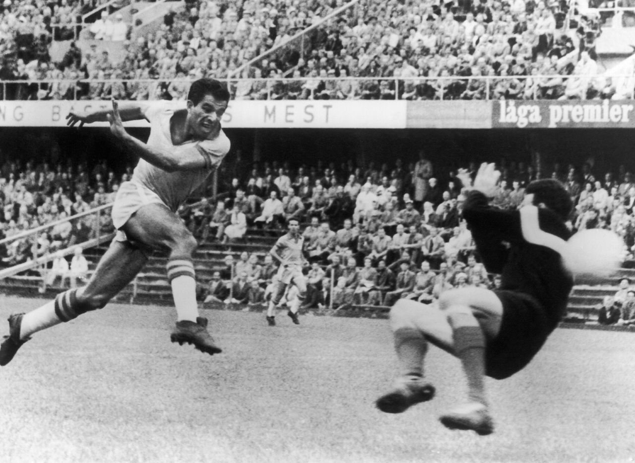Vava scores for Brazil against France in the 1958 World Cup semi-final