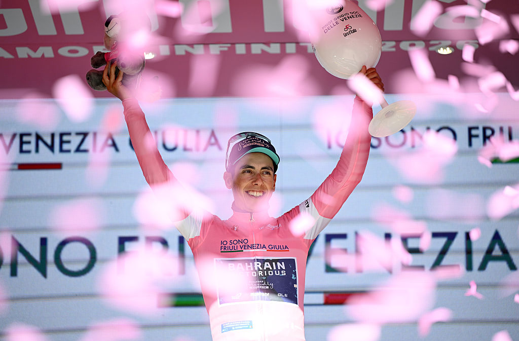 Afonso Eulalio(Bahrain Victorious) celebrates on the podium wearing the pink race leader's jersey after stage 8 of the 2026 Giro d'Italia. (Photo by Dario Belingheri/Getty Images)