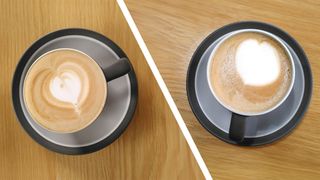 Lattes prepared using milk foamed with a traditional steam wand (left) and Dreo BaristaMaker (right)