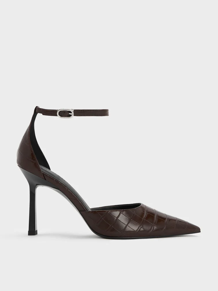 Charles &amp;amp; Keith, Croc-Effect Pointed-Toe Ankle-Strap Dorsay Pumps