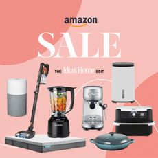 Amazon sale artwork on a pink background, covered in images of household appliances like. an air purifier, dehumidifier, coffee machine and more