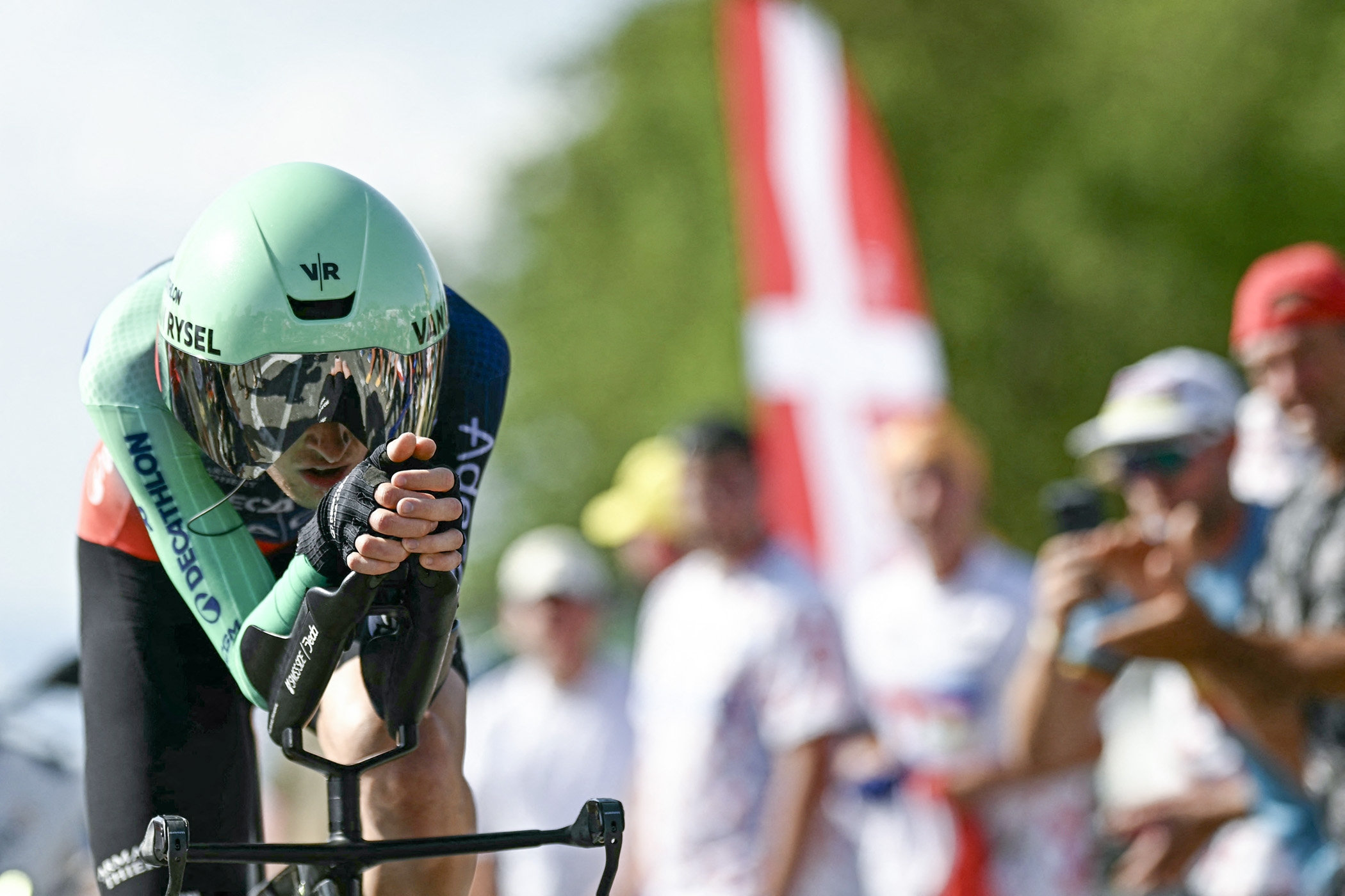 Decathlon CMA CGM Team's French rider Paul Seixas cycles during the 16th stage of the 113th edition of the Tour de France cycling race, 26,1 km time trial between &amp;Eacute;vian-les-Bains and Thonon-les-Bains in the French Alps, on July 21, 2026. (Photo by Loic VENANCE / AFP via Getty Images)