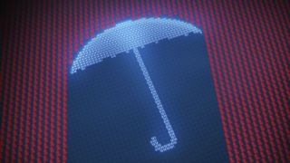 Digital umbrella in neon blue blocking rainfall made up of neon red binary code, connoting antivirus