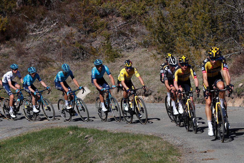 VALDEBLORE LA COLMIANE FRANCE MARCH 13 Lennard Hofstede of Netherlands and Team Jumbo Visma Jos Van Emden of Netherlands Primoz Roglic of Slovenia and Team Jumbo Visma Yellow leader jersey Omar Fraile Matarranz of Spain and Team Astana Premier Tech Aleksander Vlasov of Russia and Team Astana Premier Tech White best young jersey during the 79th Paris Nice 2021 Stage 7 a 119km stage from Le Broc to Valdeblore La Colmiane 1501m Stage itinerary redesigned due to COVID19 lockdown imposed in the city of Nice ParisNice on March 13 2021 in Valdeblore La Colmiane France Photo by Bas CzerwinskiGetty Images