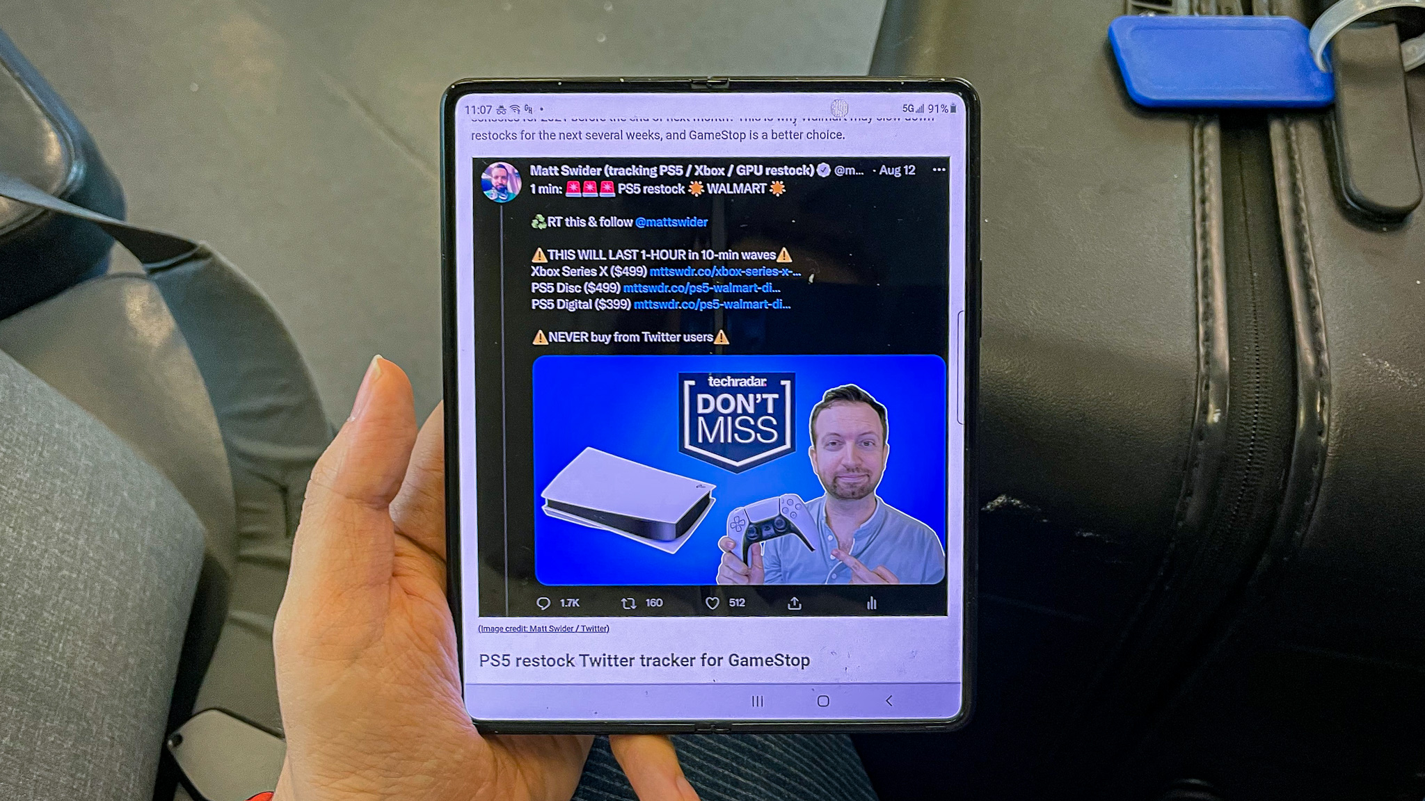 A Samsung Galaxy Z Fold 3 unfolded with the screen on