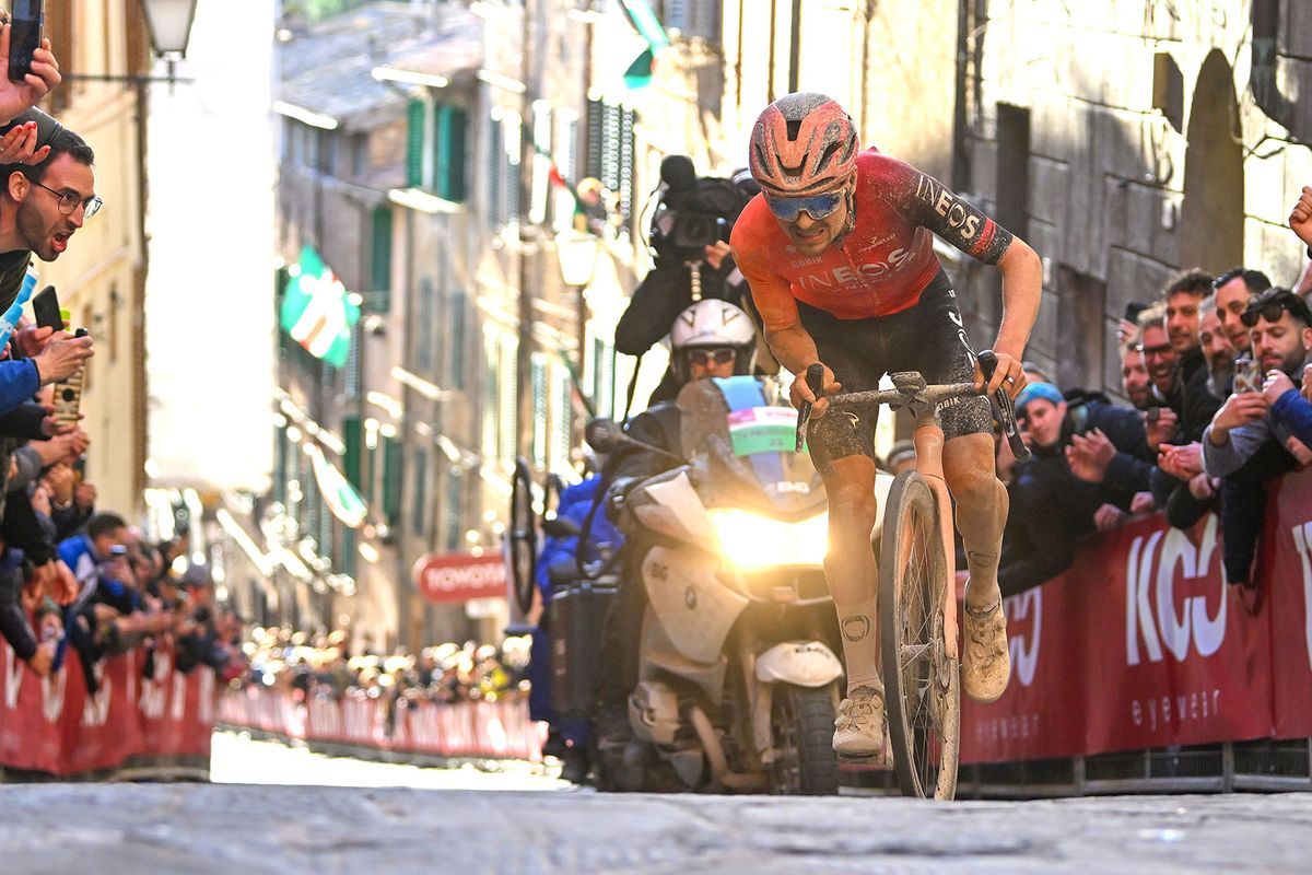 SIENA ITALY MARCH 02 Thomas Pidcock of The United Kingdom and Team INEOS Grenadiers competes during the 18th Strade Bianche 2024 Mens Elite a 215km one day race from Siena to Siena 320m UCIWT on March 02 2024 in Siena Italy Photo by Luc ClaessenGetty Images
