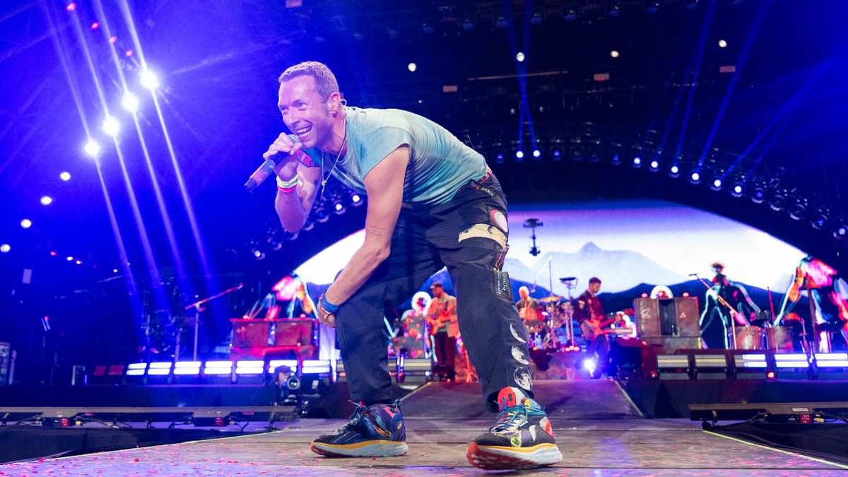 Chris Martin on stage at Glastonbury