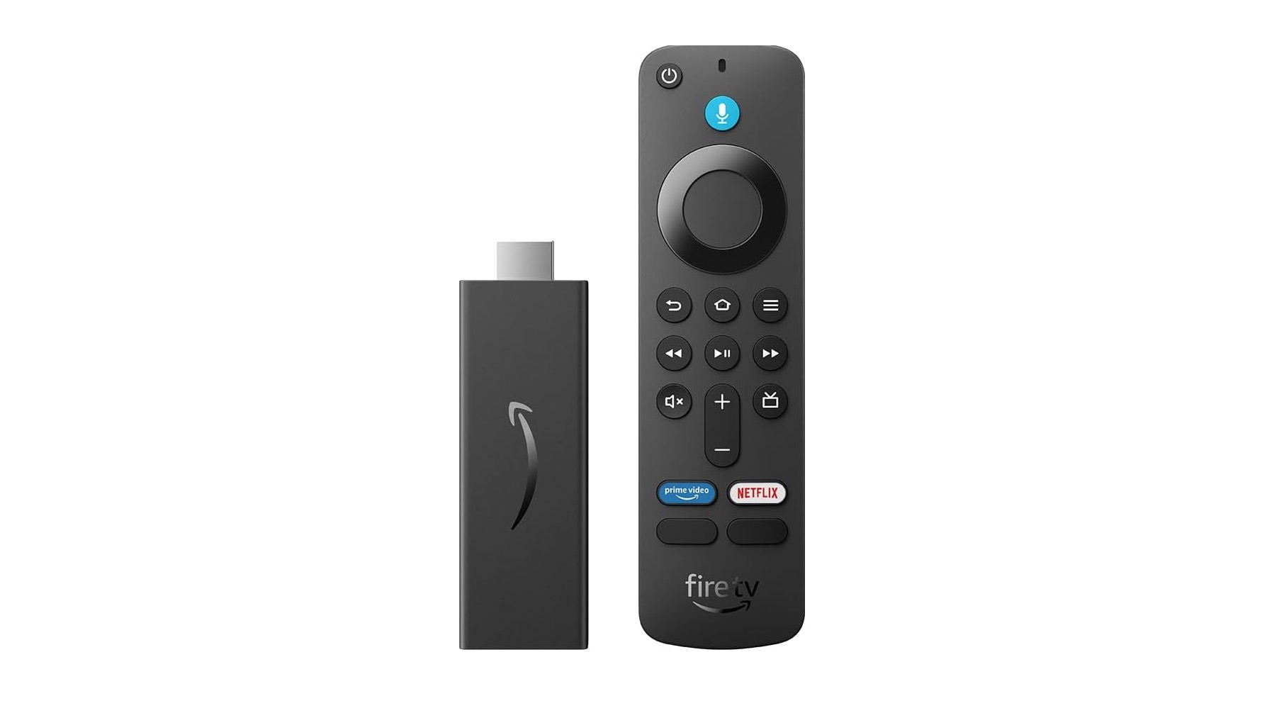 The Amazon Fire TV Stick HD and Alexa remote on a white background.