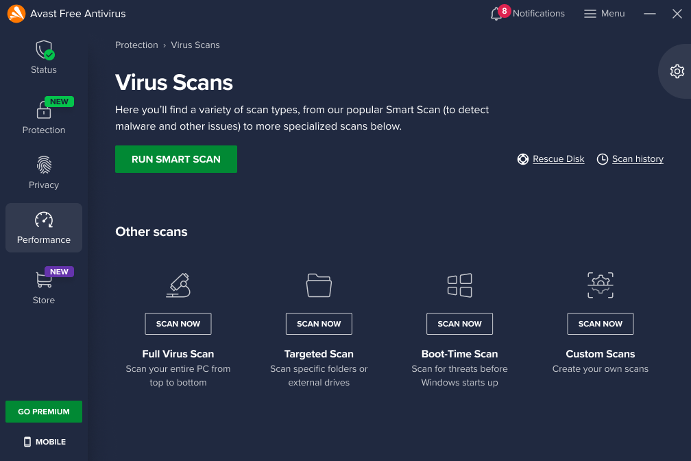 Avast Free scan menu