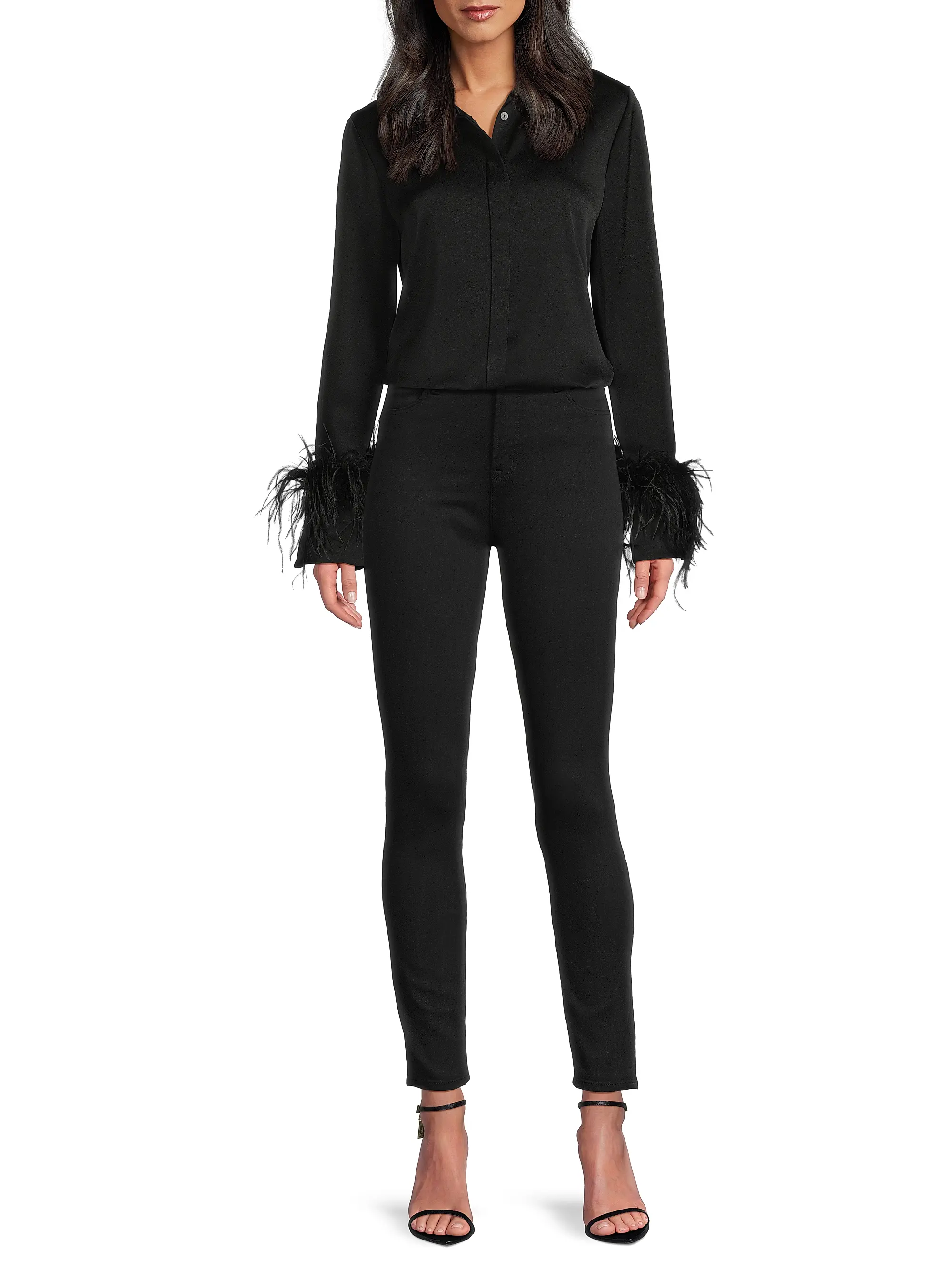 Luna Feather-Cuff Satin Blouse