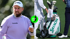 Shane Lowry waves to the crowd and a close up of his golf bag
