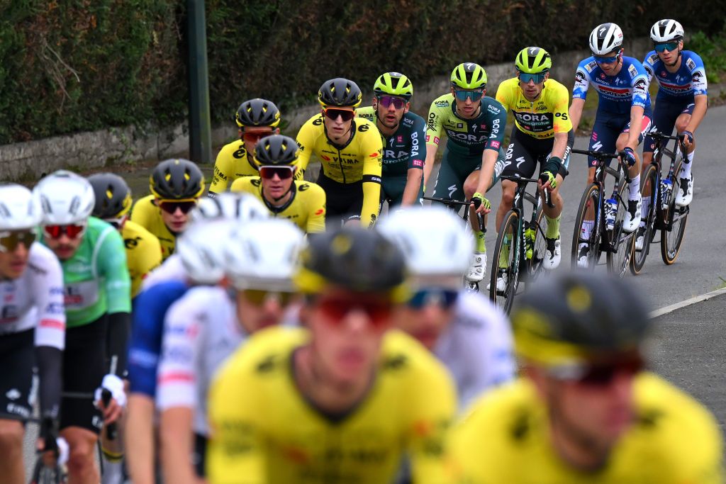 KANBO FRANCE APRIL 02 LR Jai Hindley of Australia and Primoz Roglic of Slovenia and Team BORA hansgrohe Yellow Leader Jersey compete during the 63rd Itzulia Basque Country 2024 Stage 2 a 160km stage from Irun to Kanbo UCIWWT on April 02 2024 in Kanbo France Photo by Tim de WaeleGetty Images