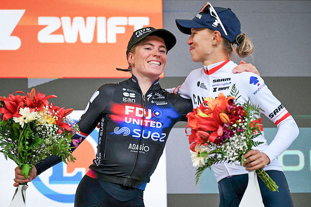 CHATEL LES PORTES DU SOLEIL, FRANCE - AUGUST 03: (L-R) The second classified Demi Vollering of Netherlands and Team FDJ - SUEZ and Katarzyna Niewiadoma of Poland and Team CANYON//SRAM zondacrypto congratulate each other at podium during the 4th Tour de France Femmes 2025, Stage 9 a 124.1km stage from Praz-sur-Arly to Chatel Les Portes du Soleilon 1298m / #UCIWWT / August 03, 2025 in Chatel Les Portes du Soleil, France. (Photo by Tim de Waele/Getty Images)