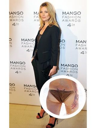 Kate Moss waring black suit and heels; insert image showing rear view in swimsuit