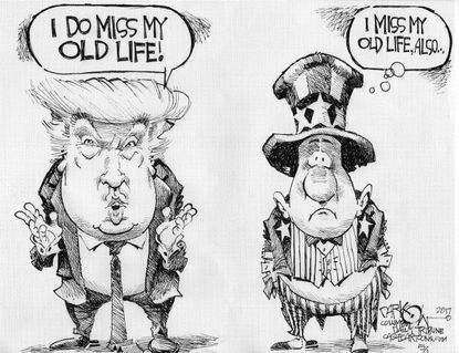 Political cartoon U.S. Trump 100 days president America old days
