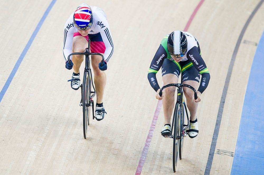Stephanie Morton (R) of Australia and Katy Marchant of Great Britain compete on their Women's Sprint Quarter finals heat