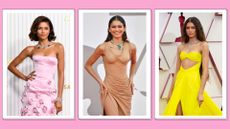 Zendaya outfits: Zendaya pictured wearing a pink dress, beige sculpture-like dress and a yellow dress in a pink, three-picture template