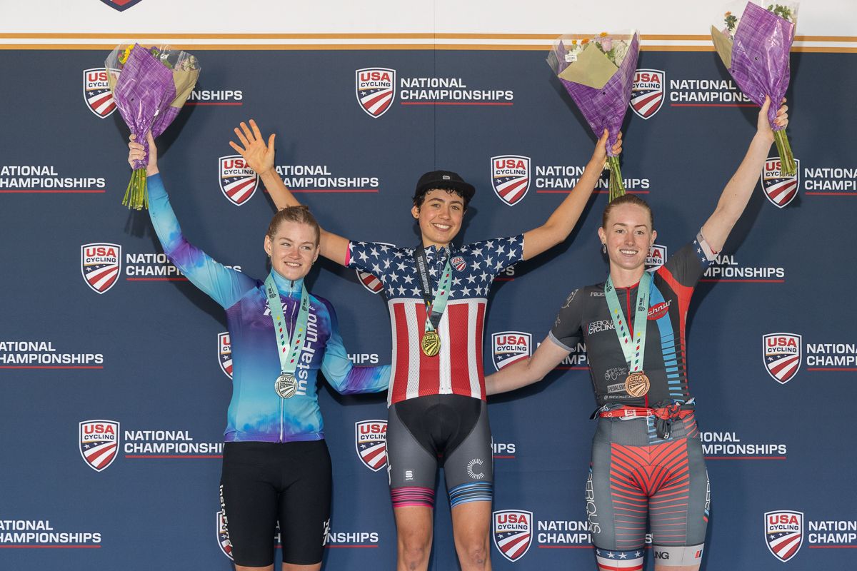 U23 women's podium of time trial championships at the 2023 USA Cycling Pro Road Championships