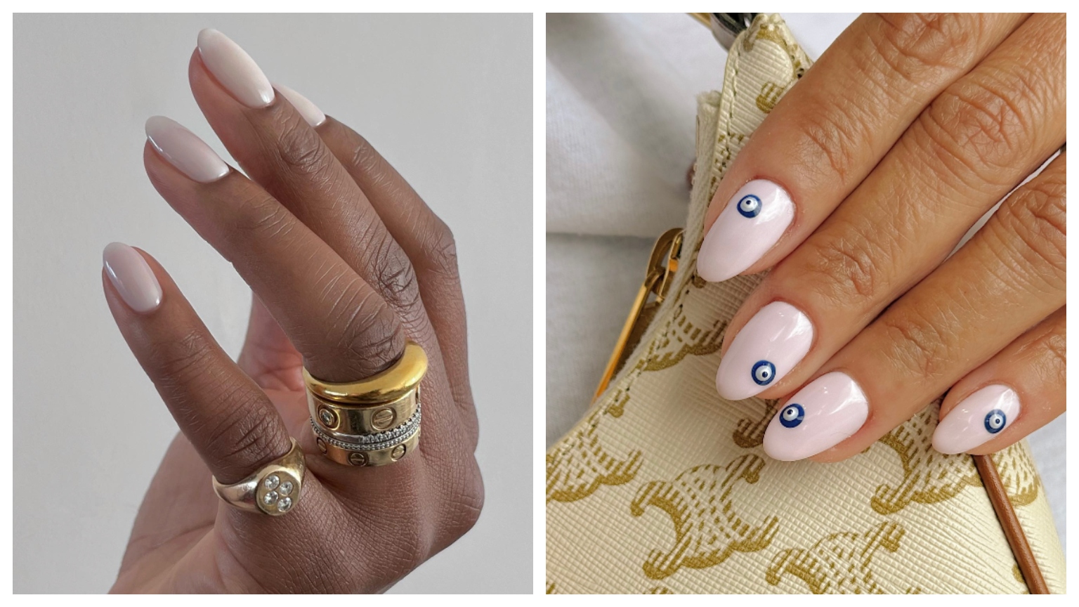 two hands with white manicures wearing gold rings