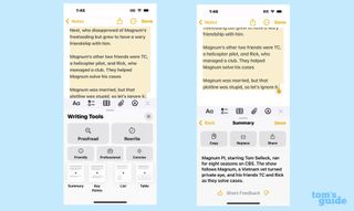 Using the summary feature in Writing Tools in the Notes app