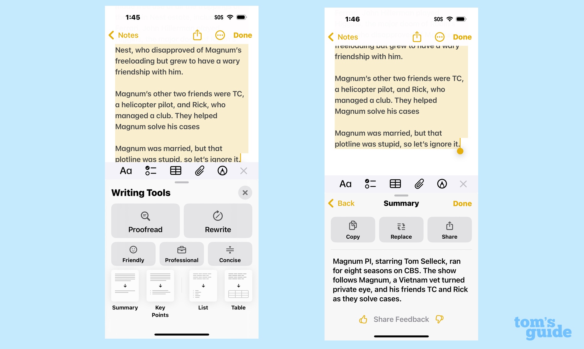 Using the summary feature in Writing Tools in the Notes app