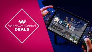 The Razer Kishi Ultra attached to a phone and tablet running Genshin Impact, shown next to the Windows Central Deals logo.