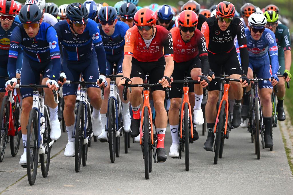HARELBEKE BELGIUM MARCH 22 LR Fabian Lienhard of Switzerland and Team Groupama FDJ Ben Swift of The United Kingdom Connor Swift of The United Kingdom and Team INEOS Grenadiers and Soren Kragh Andersen of Denmark and Team Alpecin Deceuninck compete during the 67th E3 Saxo Bank Classic Harelbeke 2024 a 2076km one day race from Harelbeke to Harelbeke UCIWT on March 22 2024 in Harelbeke Belgium Photo by Tim de WaeleGetty Images