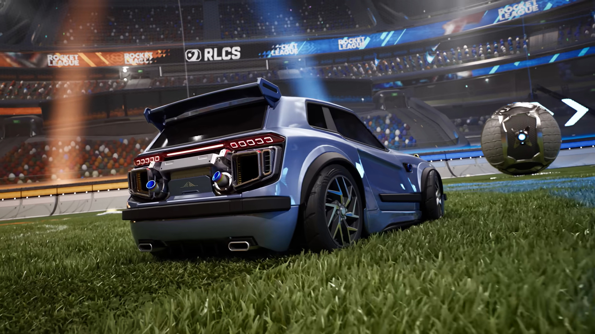 A car in Rocket League on Unreal Engine 6. I The vehicle is very shiny and is in front of the ball on a soccer field. 