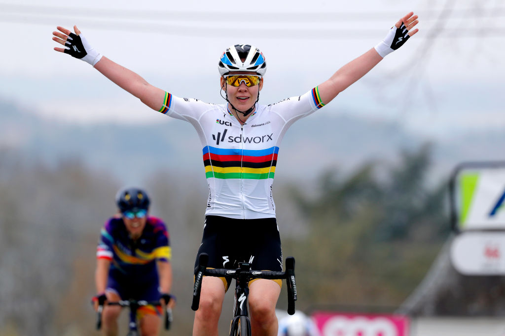MUR DE HUY, BELGIUM - APRIL 21: Anna Van Der Breggen of Netherlands and Team SD Worx celebrates at arrival during the 24th La Fleche Wallonne 2021, Women Elite a 130,2km race from Huy to Mur de Huy 204m / #FlecheWallonne / #FWwomen / #UCIWWT / on April 21, 2021 in Mur de Huy, Belgium. (Photo by Bas Czerwinski/Getty Images)