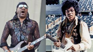LEFT: Ernie Isley of The Isley Brothers performs on day 5 of the Taste Of Chicago at Grant Park on July 10, 2016 in Chicago, Illinois. RIGHT: Rock guitarist Jimi Hendrix (1942-1970) plays his Fender Stratocaster electric guitar onstage during soundcheck for his performance at the Hollywood Bowl on August 18, 1967 in Los Angeles, California.