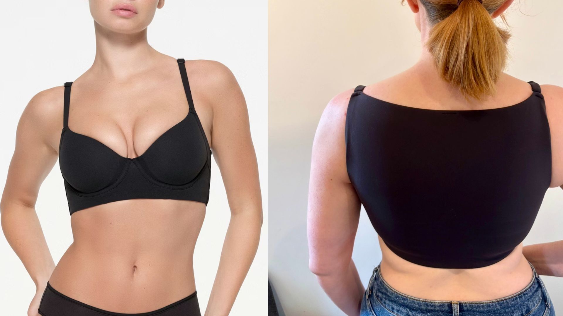 a model and matilda wearing the skims full coverage back smoothing bra