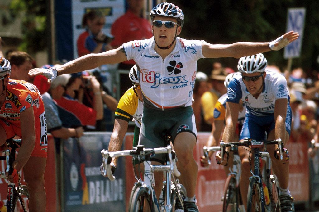 Baden Cooke celebrates one of his four Tour Down Under stage wins