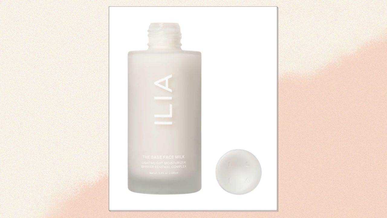 A close up of ILIA&#039;s The Base Face Milk moisturiser in a cream and beige gradient template