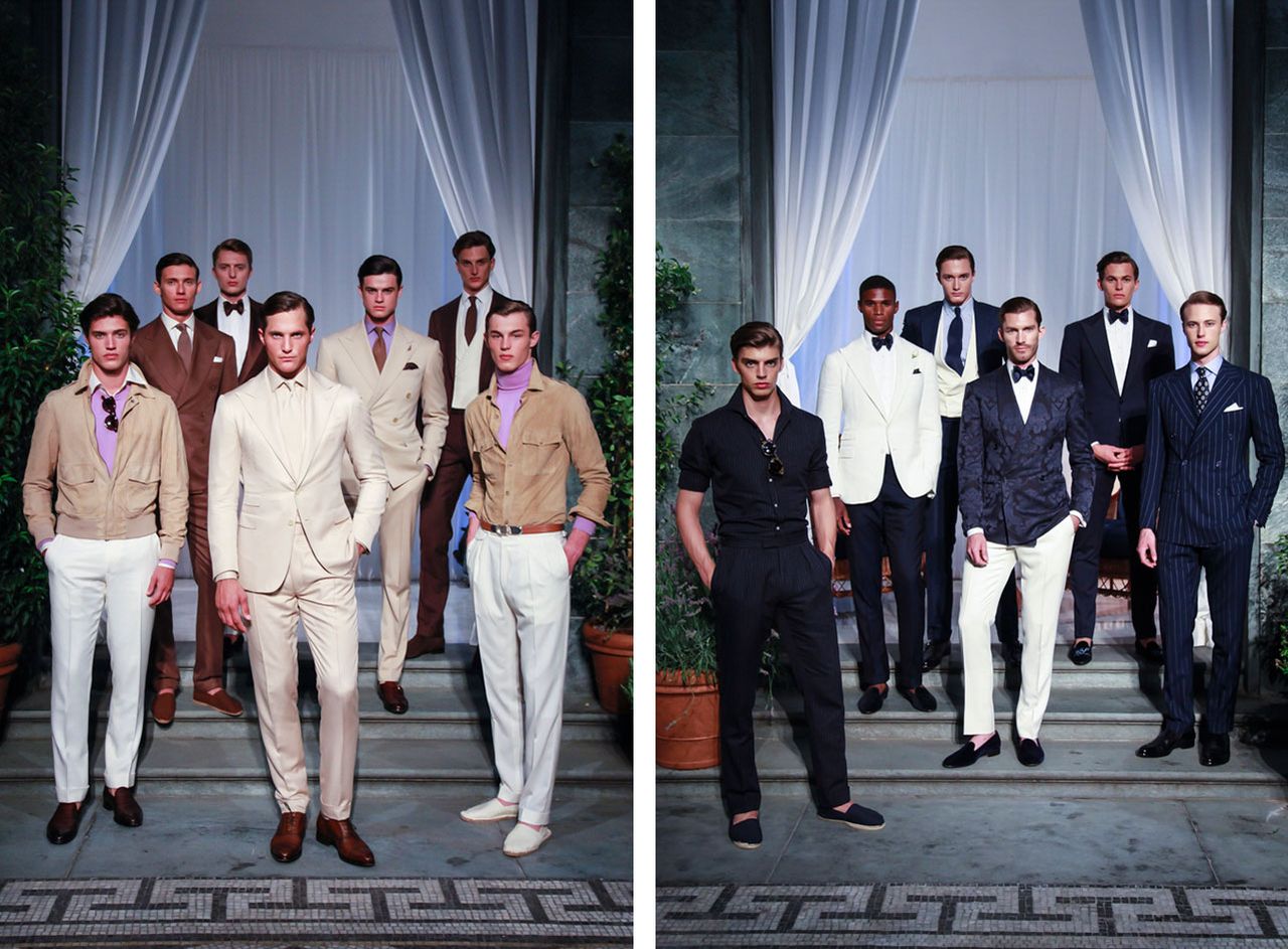 Two images a group of male models in each wearing formal wear by Ralph Lauren.