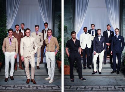 Two images a group of male models in each wearing formal wear by Ralph Lauren.