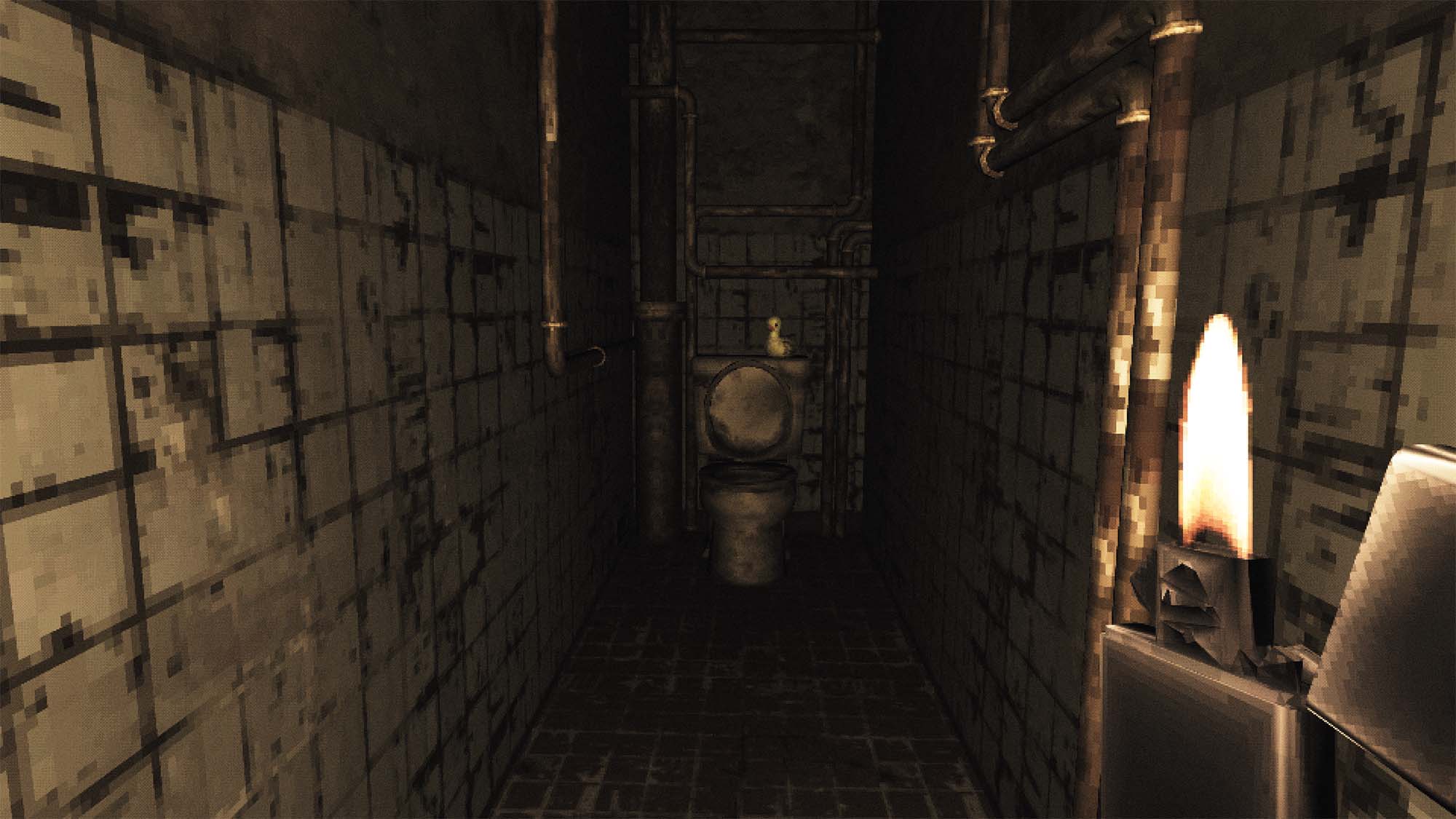 Игрок держит зажигалку в темном кафельном коридоре в Туалетных комнатах.